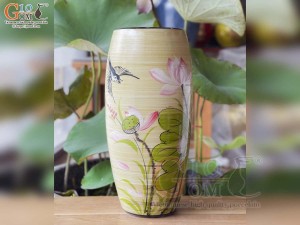Lọ hoa dáng bom men màu vẽ hoa Sen hồng, cao 30cm