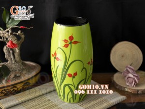 Lọ hoa dáng bom vẽ hoa, nền xanh cao 22cm