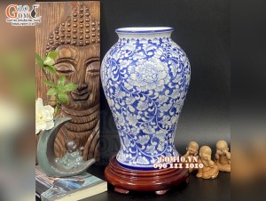 Lọ hoa dáng chân thon men lam cổ vẽ hoa Phù Dung, cao 31cm