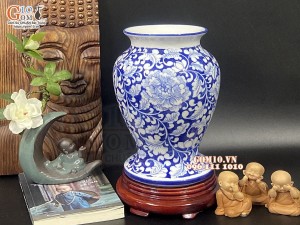 Lọ hoa dáng chân thon miệng loe men lam cổ vẽ hoa Phù Dung, cao 31cm