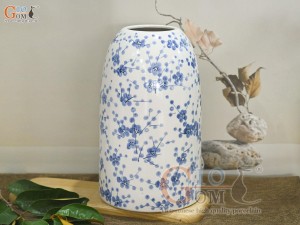 Lọ hoa dáng chuông béo men bóng vẽ hoa đào xanh, cao 31cm