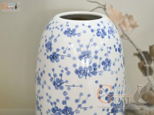 Lọ hoa dáng chuông béo men bóng vẽ hoa đào xanh, cao 31cm