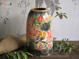 Lọ hoa dáng chuông béo men màu vẽ Chim Hoa, cao 27cm