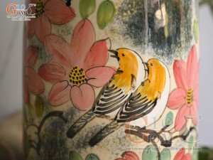 Lọ hoa dáng chuông béo men màu vẽ Chim Hoa, cao 27cm
