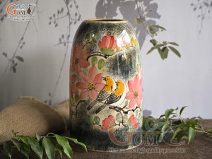 Lọ hoa dáng chuông béo men màu vẽ Chim Hoa, cao 27cm