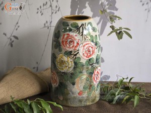Lọ hoa dáng chuông béo men màu vẽ hoa Hồng, cao 21cm