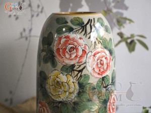 Lọ hoa dáng chuông béo men màu vẽ hoa Hồng, cao 21cm
