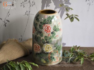 Lọ hoa dáng chuông béo men màu vẽ hoa Hồng, cao 21cm