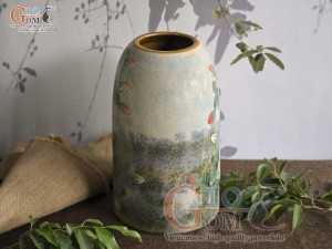 Lọ hoa dáng chuông béo men màu vẽ hoa Hồng, cao 21cm