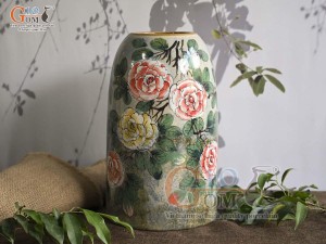 Lọ hoa dáng chuông béo men màu vẽ hoa Hồng, cao 27cm