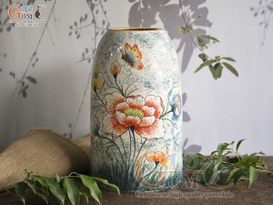 Lọ hoa dáng chuông béo men màu vẽ hoa Phù Dung, cao 21cm