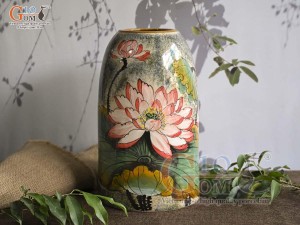 Lọ hoa dáng chuông béo men màu vẽ hoa Sen, cao 30cm