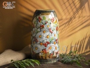 Lọ hoa dáng chuông béo men màu vẽ rỏ hoa, cao 30cm