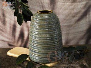 Lọ hoa dáng chuông béo vân sóng màu rêu, cao 27cm