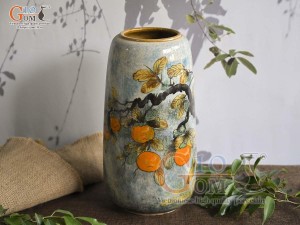 Lọ hoa dáng chuông cao men màu vẽ cành hồng, cao 30cm