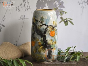 Lọ hoa dáng chuông cao men màu vẽ cành hồng, cao 30cm