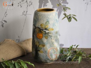 Lọ hoa dáng chuông cao men màu vẽ cành hồng, cao 30cm