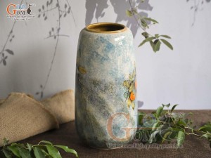 Lọ hoa dáng chuông cao men màu vẽ cành hồng, cao 30cm