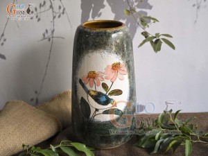 Lọ hoa dáng chuông cao men màu vẽ Chim hai bông cao 30cm