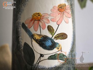 Lọ hoa dáng chuông cao men màu vẽ Chim hai bông cao 30cm