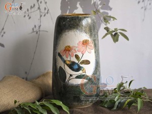 Lọ hoa dáng chuông cao men màu vẽ Chim hai bông cao 30cm