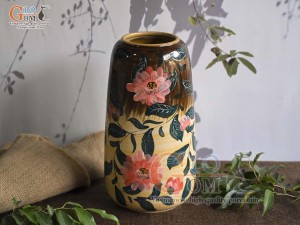 Lọ hoa dáng chuông cao men màu vẽ hoa cánh hồng, cao 30cm