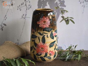 Lọ hoa dáng chuông cao men màu vẽ hoa cánh hồng, cao 30cm