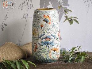 Lọ hoa dáng chuông cao men màu vẽ hoa Phù Dung, cao 30cm