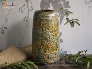 Lọ hoa dáng chuông cao men màu xanh rêu khắc hoa sen, cao 30cm