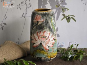 Lọ hoa dáng chuông cao men màu vẽ hoa Sen, cao 19cm