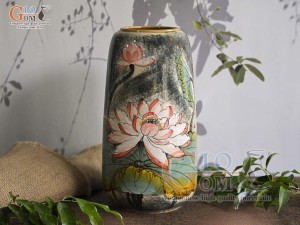 Lọ hoa dáng chuông cao men màu vẽ hoa Sen, cao 19cm