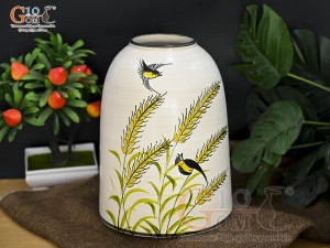 Lọ hoa dáng chuông men kem vẽ bông lúa vàng, cao 24cm