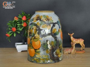 Lọ hoa dáng chuông béo men màu vẽ cành hồng , cao 33cm