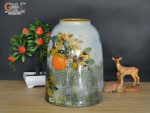 Lọ hoa dáng chuông béo men màu vẽ cành hồng , cao 33cm