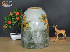 Lọ hoa dáng chuông béo men màu vẽ cành hồng , cao 33cm