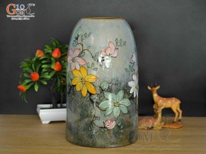 Lọ hoa dáng chuông béo men màu vẽ hoa, cao 27cm