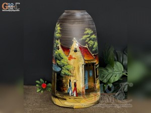 Lọ hoa dáng chuông men mộc vẽ cảnh phố cổ, cao 41cm