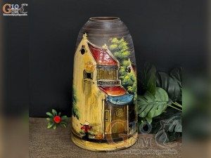 Lọ hoa dáng chuông men mộc vẽ cảnh phố cổ, cao 41cm