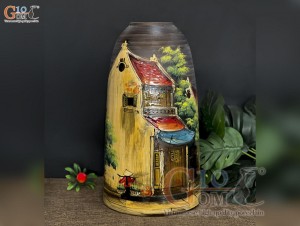 Lọ hoa dáng chuông men mộc vẽ cảnh phố cổ, cao 41cm