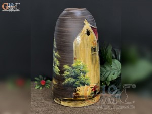 Lọ hoa dáng chuông men mộc vẽ cảnh phố cổ, cao 41cm