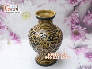 Lọ hoa dáng cổ cao men cổ khắc nổi hoa phù dung 25cm