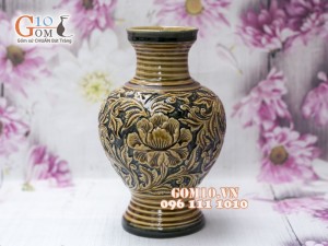 Lọ hoa dáng cổ cao men cổ khắc nổi hoa phù dung 25cm