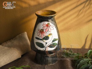 Lọ hoa dáng cố nhỏ men màu vẽ Chim hai bông, cao 29cm