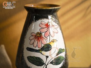 Lọ hoa dáng cố nhỏ men màu vẽ Chim hai bông, cao 29cm