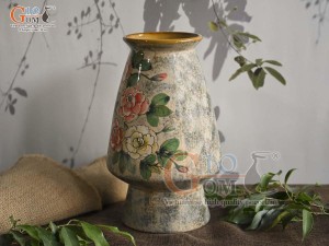 Lọ hoa dáng cố nhỏ men màu vẽ hoa Hồng, cao 30cm