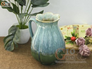 Lọ hoa dáng cốc miệng lượn men hỏa biến bạch ngọc, cao 20cm