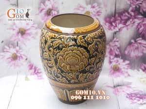 Lọ hoa dáng cúp men cổ khắc nổi hoa phù dung vàng cao 31cm