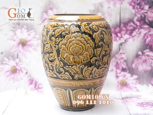 Lọ hoa dáng cúp men cổ khắc nổi hoa phù dung vàng cao 31cm