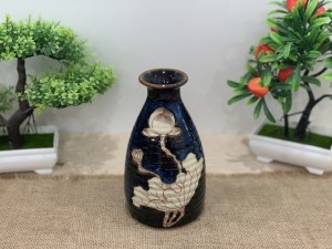 Lọ hoa dáng đầm men hỏa biến xanh đá khắc sen, cao 17cm