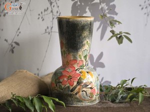 Lọ hoa dáng đầm men màu vẽ Chim Hoa, cao 30cm